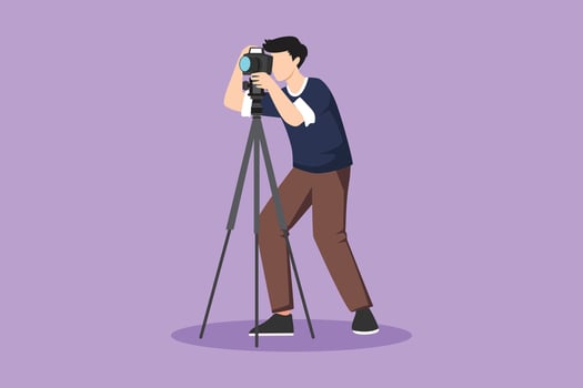Character flat drawing stylized professional photographer with camera pose, male take photo shots, paparazzi, journalist occupation, digital photography hobby icon. Cartoon design vector illustration