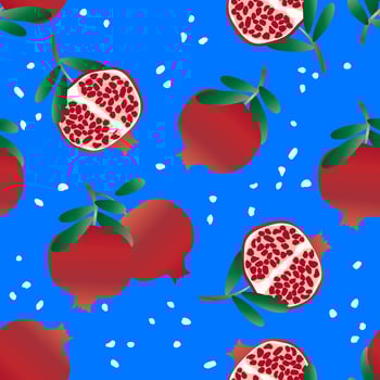 Pomegranates with leaves on a blue background. Seamless cute pattern with fruits for textile. Vector. vector