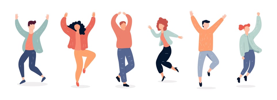People happy jumping set. Young funny teens large group guy, girl, jumping together joy lifestyle celebration victory team smiling students celebrates success. Color cartoon vector. vector