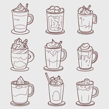 Collection of cold drinks in glasses. Vector illustration in doodle linear illustration isolated background