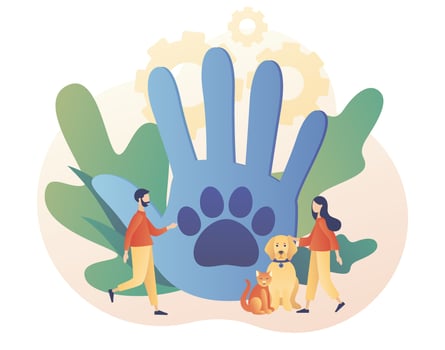 Animal rescue and pet protection. Hand and paw as symbol support and love pets. Tiny people protection wildlife and rescue. Animal shelter. Modern flat cartoon style. Vector illustration