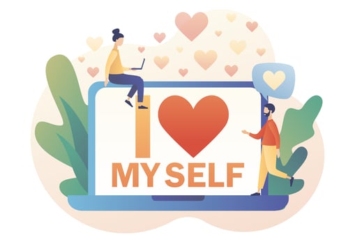I love myself - text on laptop screen. Tiny people expressing self love and care. Love yourself. Love your body. Bodypositive concept. Modern flat cartoon style.Vector illustration on white background vector