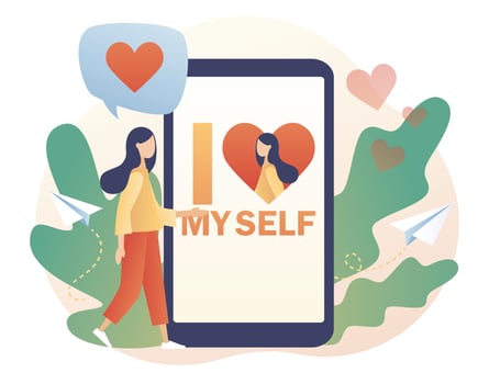 I love myself - text on smartphone screen. Tiny lady expressing self love and care. Love yourself. Love your body. Bodypositive concept. Modern flat cartoon style. Vector illustration