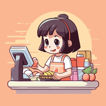 Vector of a young girl standing at a cash register