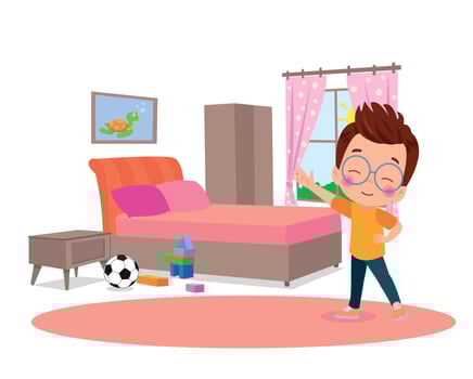 Interior of a boys' bedroom with a bank bed and a desk, flat vector design