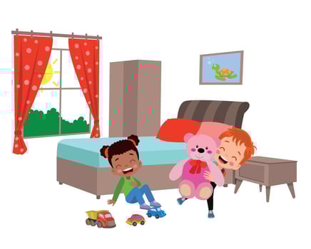 Interior of a boys' bedroom with a bank bed and a desk, flat vector design
