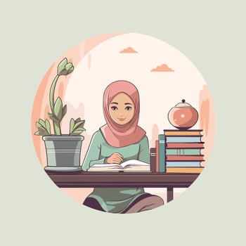 Vector of a woman sitting at a table with books and a potted plant