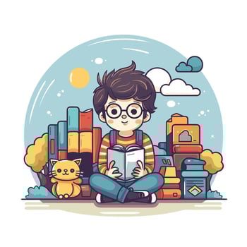Vector of a young boy engrossed in a book while sitting on the floor