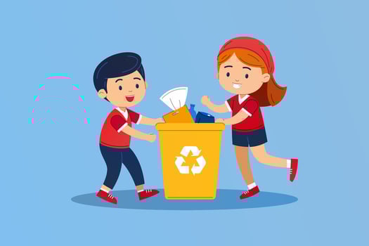 a cheerful couple of kids cleaning and throwing a trash in a trash bin simple vector illustration