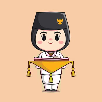 indonesia independence day flag raiser hijab female character chibi kawaii flat cartoon illustration vector