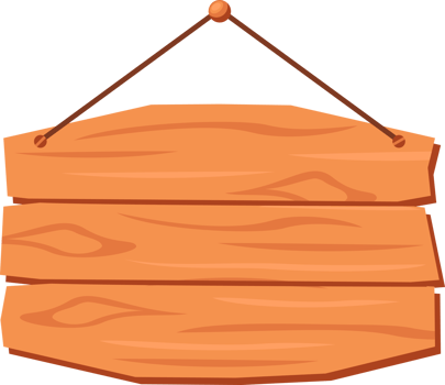 Hanging wood board sign, rustic cartoon signpost or billboard, notice and information theme png