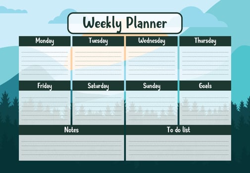 Printable weekly planner organizer template with mountain landscape background. Weekly Schedule template. to-do list, notes, notebook page, Business organizer, Paper sheet, vector illustration