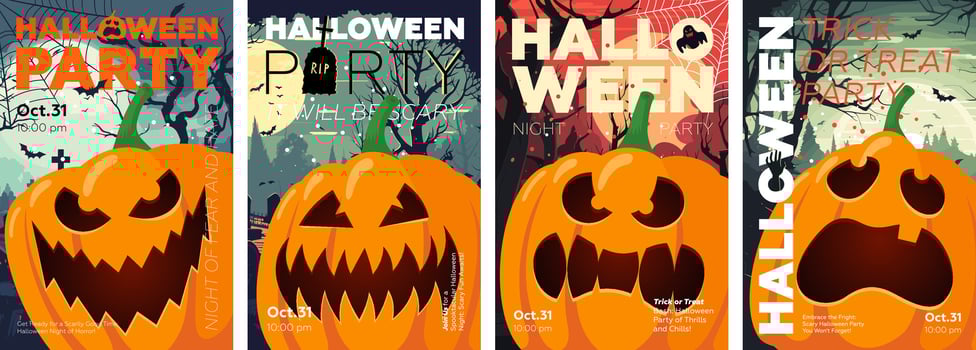 Halloween party poster set. Placard scary pumpkin in night forest. Art cover spooky Jack-o-Lantern in moonlit cemetery. October 31 holiday evening promotional artwork flyer. Trendy typography prints vector
