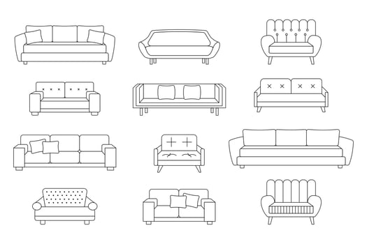 A set of sofas, ottomans. Collection of upholstered furniture for the home. Icons, sketch, vector