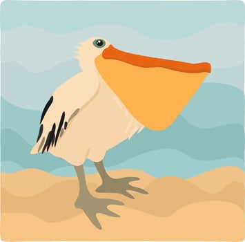 Vector cute illustration of pelican, standing on sand near the sea.