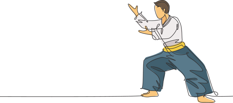 Single continuous line drawing young sportive man wearing kimono practice aikido fighting stance pose technique. Japanese martial art concept. Trendy one line draw design illustration graphic png
