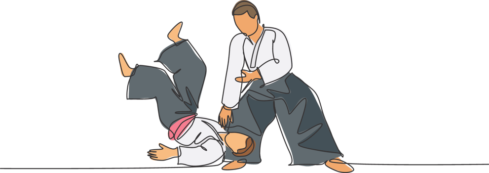 Single continuous line drawing of two young sportive men wearing kimono practice throwing in aikido fighting technique. Japanese martial art concept. Trendy one line draw design illustration png