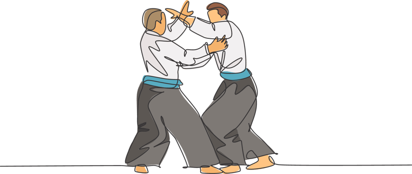 One single line drawing of two young energetic men wearing kimono exercise aikido fight technique in sport hall illustration. Healthy lifestyle sport concept. Modern continuous line draw design png