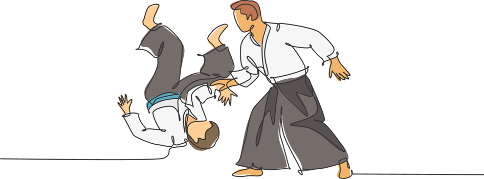 One continuous line drawing of young man aikido fighter practice fighting technique at dojo training center. Martial art combative sport concept. Dynamic single line draw design illustration png
