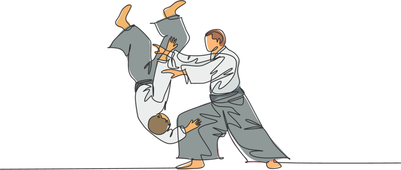 One single line drawing of young energetic man wearing kimono exercise aikido throw technique in sport hall illustration. Healthy lifestyle sport concept. Modern continuous line draw design png