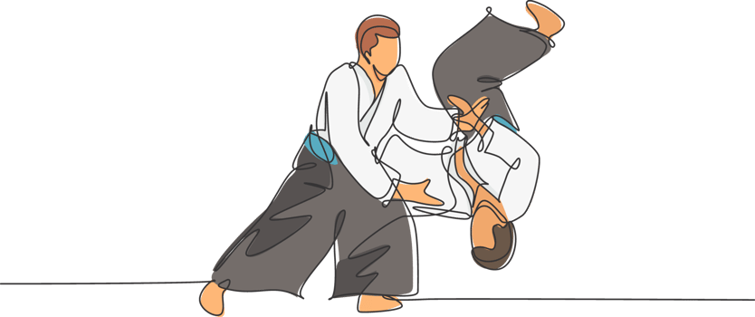 Single continuous line drawing of young sportive man wearing kimono practice throwing enemy in aikido fighting technique. Japanese martial art concept. Trendy one line draw design illustration png