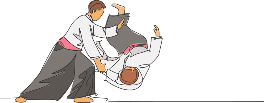 One continuous line drawing of two young man aikido fighter practice throw technique at dojo training center. Martial art combative sport concept. Dynamic single line draw design illustration png