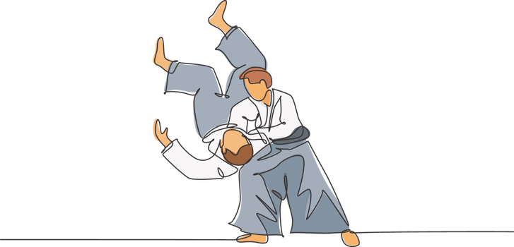 One continuous line drawing of two young men aikido fighter practice fighting train slamming technique at dojo center. Martial art sport concept. Dynamic single line draw design illustration png