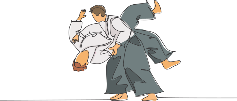 Single continuous line drawing of two young sportive man wearing kimono practice slamming in aikido fighting technique. Japanese martial art concept. Trendy one line draw design illustration png
