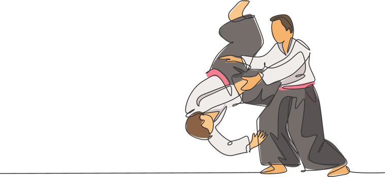 One single line drawing of two young energetic men wearing kimono exercise aikido slam technique in sports hall illustration. Healthy lifestyle sport concept. Modern continuous line draw design png