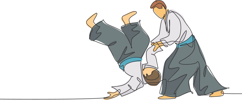 One single line drawing two young energetic men wearing kimono exercise aikido fighting in sports hall graphic illustration. Healthy lifestyle sport concept. Modern continuous line draw design png