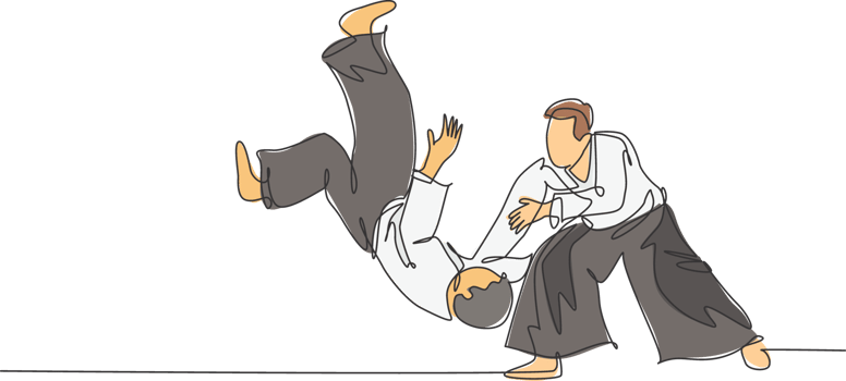 One continuous line drawing of two young men aikido fighter practice sparring fight at dojo training center. Martial art combative sport concept. Dynamic single line draw design illustration png