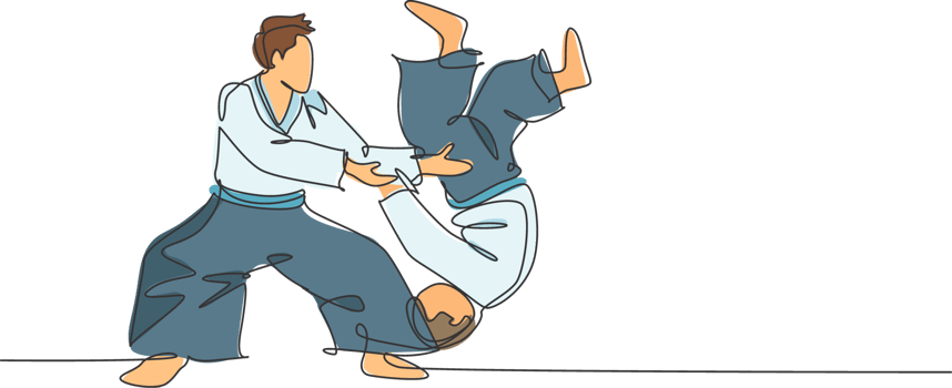 One continuous line drawing of young men aikido fighter practice fighting technique at dojo training center. Martial art combative sport concept. Dynamic single line draw design illustration png
