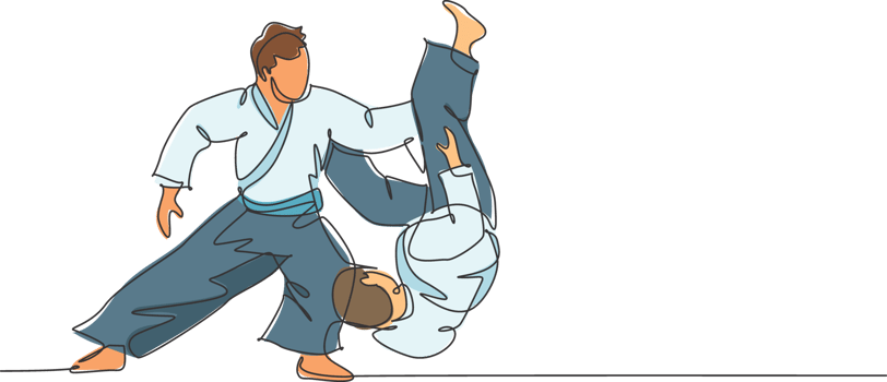 Single continuous line drawing of two young sportive men wearing kimono practice throeing in aikido fighting technique. Japanese martial art concept. Trendy one line draw design illustration png