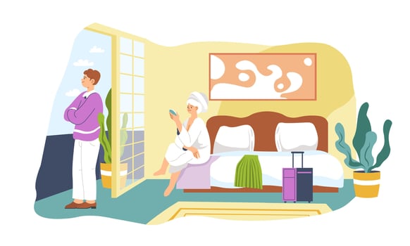 People staying in hotel, man and woman on bed vector