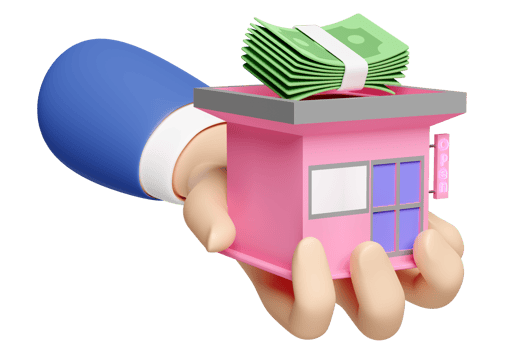 3d businessman hands hold building shop store front with banknote stack icon isolated. startup franchise business, saving money, business growth concept, 3d render illustration png