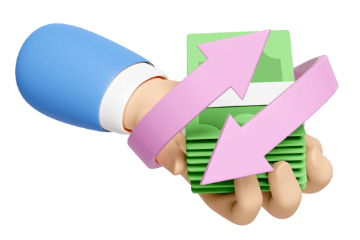 3D cartoon hands holding banknote stack icons isolated. quick credit approval or loan approval transfer, arrows, cashback, saving money wealth business, 3d render illustration png