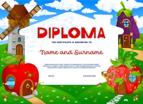 Kids diploma with cartoon fairytale houses vector