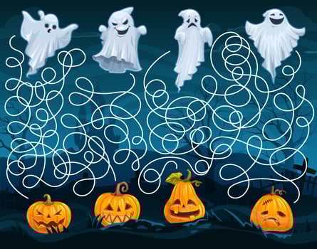 Halloween kids labyrinth maze, help to ghosts vector