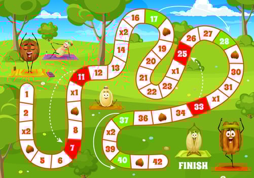 Cartoon nuts on yoga fitness, board step game vector
