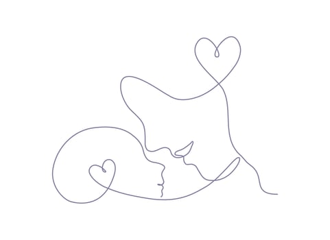 Continuous line art of a mother with a baby with heart shape symbol, mother's day concept. Llineart vector illustration.