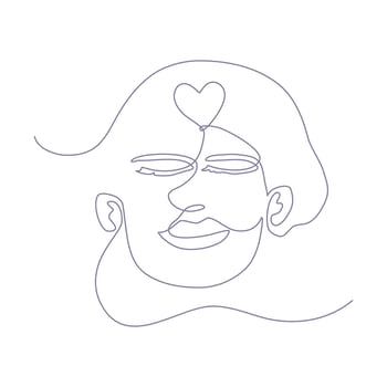 Continuous line art of human face with heart shape symbol, self love concept. Lineart vector illustration.