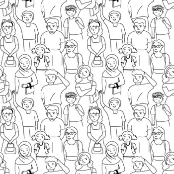Seamless pattern with crowd of people, outline doodle cartoon style. vector