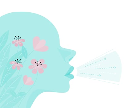 silhouette of breathing woman with flowers in flat vector illustration.