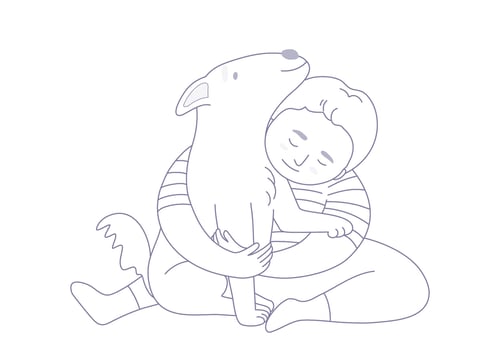 Isolated of a child boy hugging a dog, therapy dog concept. Outline vector illustration.