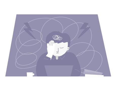 Burnout man with laptop get stress and depress, mental health concept. Flat vector illustration.