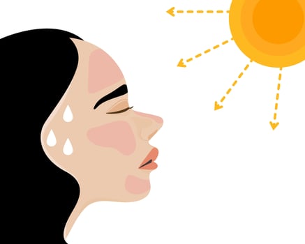 A woman's face with heatstroke, having sunstroke in summer hot weather. Flat vector illustration.