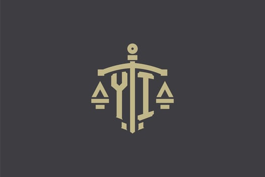 Letter YI logo for law office and attorney with creative scale and sword icon design vector