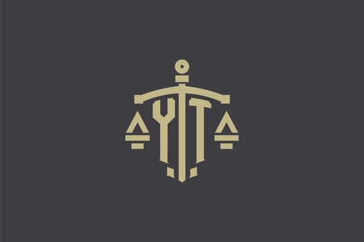 Letter YT logo for law office and attorney with creative scale and sword icon design vector