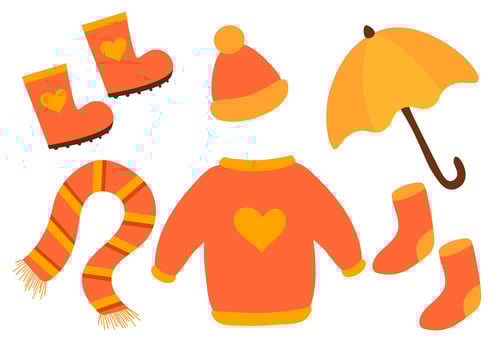 Warm autumn clothes. Knitted sweater, hat, scarf and socks. Umbrella, rubber boots. Autumn clothes vector collection. Vector sketch icon isolated on white. Seasonal design elements