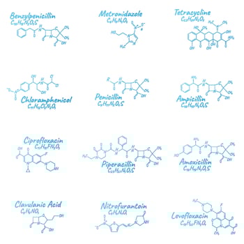 Set of antibiotic chemical formula and composition, concept structural medical drug, isolated on white background, vector illustration.
